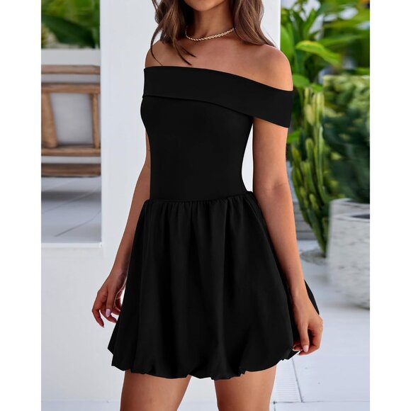 Women Summer Off Shoulder Bubble Dress Mini Sleeveless Fit Flared - Picture 8 of 8